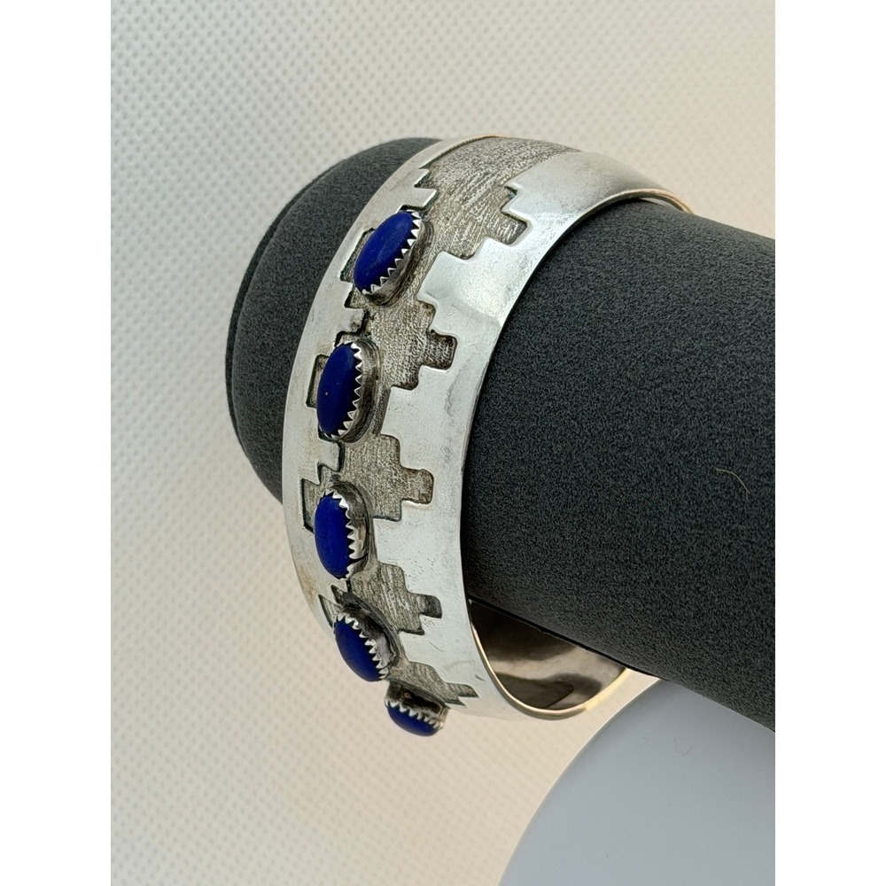 Native American Step Kiva Sterling Cuff Bracelet Lapis Lazuli 40+g - Picture 5 of 7